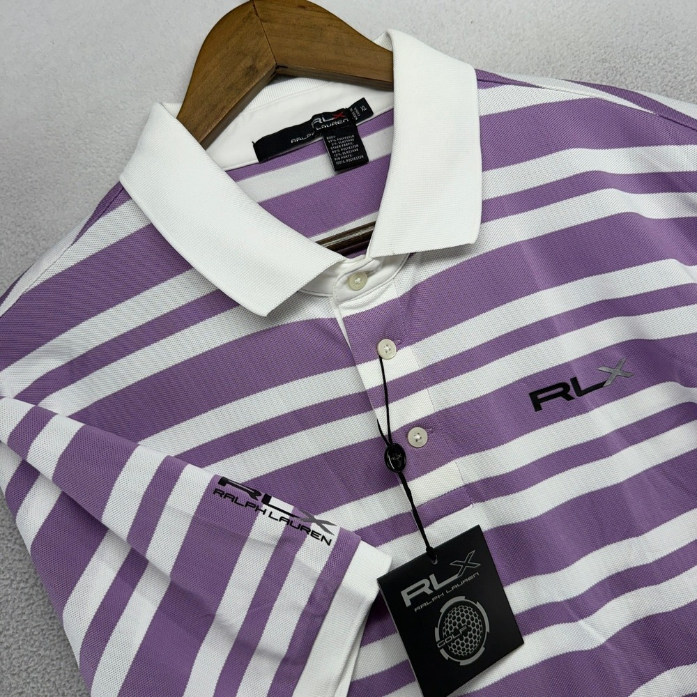 RLX Ralph Lauren Polo Mens XL Purple Striped Golf Performance Shirt Polyester